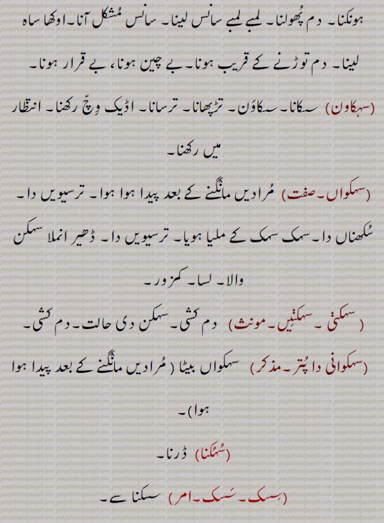  مرادیں مانگنے کے بعد پیدا ہوا ہوا۔ ترسیویں دا۔ سکھناں دا۔سہک سہک کے ملیا ہویا۔ ترسیویں دا۔ ڈھیر انملا سہکن والا۔ لسا۔ کمزور, سہکنی ۔سہکنیں, دم کشی۔سہکن دی حالت۔دم کشی,سہکوانی دا پتر, سہکواں بیٹا , سہکنا, ڈرنا, سسک, سسکنا سے,سسک سسک کے۔ سسک سسک کے, سہک سہک کر۔ تڑپ تڑپ کر,سسکنا۔ سسکنا۔سسکن, سہکنا۔ ترسنا۔ لوچنا۔ سانس رکنا۔ وقت سانس لینے میں مشکل ہونا ۔ ہٹکورے بھرنا۔ روتے وقت سانس جھٹکے سے لینا۔سہن، ہنگورے مارنا، سسکیاں بھرنا۔ ہولی ہولی رونا۔ ہچکیاں لینا۔ڈسکن۔