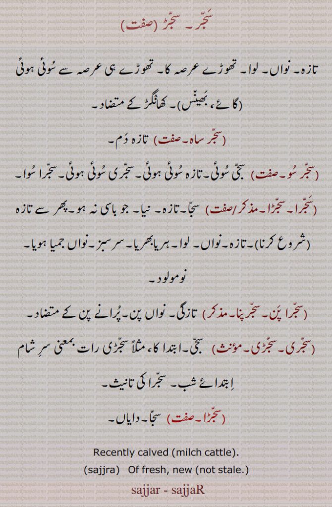 
سجر۔ سجڑ , تازہ۔ نواں۔ لوا۔ تھوڑے عرصہ کا۔ تھوڑے ہی عرصہ سے سوئی ہوئی (گائے، بھینس)۔ کھانگڑ کے متضاد,سجر ساہ,  تازہ دم,سجر سو,سجی سوئی۔تازہ سوئی ہوئی۔سجری سوئی ہوئی۔سجرا سوا,سجرا۔سجڑا,سجا۔تازہ۔ نیا۔ جو باسی نہ ہو۔پھر سے تازہ (شروع کرنا)۔تازہ۔نواں,لوا۔ہریابھریا۔سرسبز۔نواں جمیا ہویا۔ نومولود,سجرا پن۔سجرپنا,تازگی۔ نواں پن۔پرانے پن کے متضاد,سجری۔سجڑی, سجی۔ابتدا کا، مثلاً سجڑی رات بمعنی سر شام ابتدائے شب۔ سجرا کی تانیث,سجڑا, سجا۔دایاں۔
Recently calved (milch cattle)., sajjra,  Of fresh, new (not stale.)
, sajjar , sajar,  ਸੱਜਰ,sajra,ਸੱਜਰਾ,sajjra,
