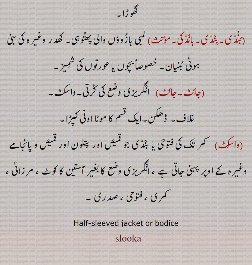  کمزور گھوڑا,بنڈی۔بنڈی۔بانڈکی, لمبی بازوؤں والی پھتوہی۔ کھدر وغیرہ کی بنی ہوئی بنیان۔ خصوصاً بچوں یا عورتوں کی شمیز,جاکٹ۔جاکٹ,   انگریزی وضع کی کرتی۔واسکٹ,غلاف۔ ڈھکن۔ایک قسم کا موٹا اونی کپڑا,واسکٹ,  کمر تک کی فتوحی یا بنڈی جو قمیص اور پتلون اور قمیص و پائجامے وغیرہ کے اوپر پہنی جاتی ہے ، انگریزی وضع کا بغیر آستین کا کوٹ ، مرزائی ، کمری ، فتوحی ، صدری ۔
Half-sleeved jacket or bodice, salooka, saluka,shalooka, shaluka, sadri, phatoi,fatohi, fotohi, mirzai, mirjai,  kamari, wasket, patohi, pahtuhi,  marzouei , mirzaie, marzai, jacket, ਮਿਰਜੈਈ, ਸਲੂਕਾ 