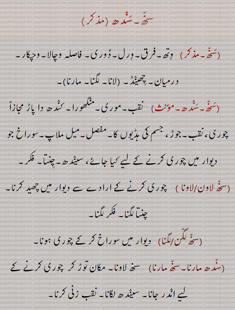 سنھ۔سندھ,سنھ, وتھ۔فرق۔ورل۔دوری۔ فاصلہ وچالا۔وچکار۔ درمیان۔ چھینڈ۔  سنھ لانا۔سنھ لگنا۔سنھ مارنا , نقب۔موری۔منگھورا۔ کندھ دا پاڑ مجازاً چوری، نقب۔جوڑ، جسم کی ہڈیوں کا۔مفصل۔میل ملاپ۔سوراخ جو دیوار میں چوری کرنے کے لیے کیا جائے، سیندھ۔چنتا۔ فکر,سنھ لاون,سنھ لاونا ,  چوری کرنے کے ارادے سے دیوار میں چھید کرنا۔چنتا لگنا۔ فکر لگنا,سنھ لگن,سنھ لگنا,  دیوار میں سوراخ کر کے چوری ہونا,سندھ مارنا۔سنھ مارنا, سنھ لاونا۔ مکان توڑ کر  چوری کرنے کے لیے اندر جانا۔ سیندھ لگانا۔ نقب زنی کرنا,