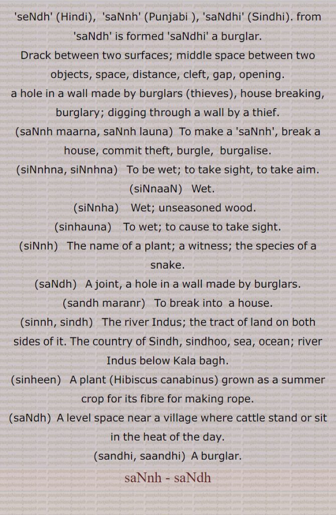 ,seNdh, saNnh, saNdhi, from  saNdh  is formed 'saNdhi' a burglar., Drack between two surfaces; middle space between two objects, space, distance, cleft, gap, opening., a hole in a wall made by burglars (thieves), house breaking, burglary; digging through a wall by a thief.,saNnh maarna, saNnh launa,  To make a 'saNnh', break a house, commit theft, burgle,  burgalise., siNnhna, siNnhna,   To be wet; to take sight, to take aim., siNnaaN,  Wet., siNnha,    Wet; unseasoned wood.    , sinhauna,  To wet; to cause to take sight., siNnh,  The name of a plant; a witness; the species of a snake., saNdh, A joint, a hole in a wall made by burglars., sandh maranr,  To break into  a house., sinnh, sindh,  The river Indus; the tract of land on both sides of it. The country of Sindh, sindhoo, sea, ocean; river Indus below Kala bagh., sinheen,  A plant ,Hibiscus canabinus, grown as a summer crop for its fibre for making rope., saNdh, A level space near a village where cattle stand or sit in the heat of the day., sandhi, saandhi, A burglar., saNnh , saNdh, سنھ,سندھ ,سنھ لاون,سنھ لاونا ,سنھ لگن,سنھ لگنا,سندھ مارنا,سنھ مارنا,سندھ سندھ,سندھ ماریا,سندھ ہونا,سندہی,ساندھی,سنھا,سنھ سک,سنھا,سنا, سناں,سنھا پیہن باہنا,سنھانا, سنھنا,سنھیاں سنھیاں نظراں,سنھ,سنھ,سنہہ,سندہ,سندھ,سنھ لہنا, سنھیں,sendh,sannh,sandhi,saNnh maarna, saNnh launa,  ਸੰਨ੍ਹ ਮਾਰਨਾ, ਸੰਨ  ਲਾਉਣਾ,siNnhna, siNnhna,  ਸਿੱਨ੍ਹਨਾ,  ਸਿੱਨ੍ਹਣਾ,sinnaaN, ਸਿੱਨਾਂ ,siNnha,   ਸਿੱਨ੍ਹਾ ,sinhauna,  ਸਿਨ੍ਹਾਉਣਾ ,sinnh,  ਸਿੱਨ੍ਹ ,saNdh,sandh maranr,sinnh, sindh,sinheen,saNdh, ਸੰਧ,sandhi, saandhi,sannh , sandh, ਸੰਧ, ਸੱਨ੍ਹ ,
