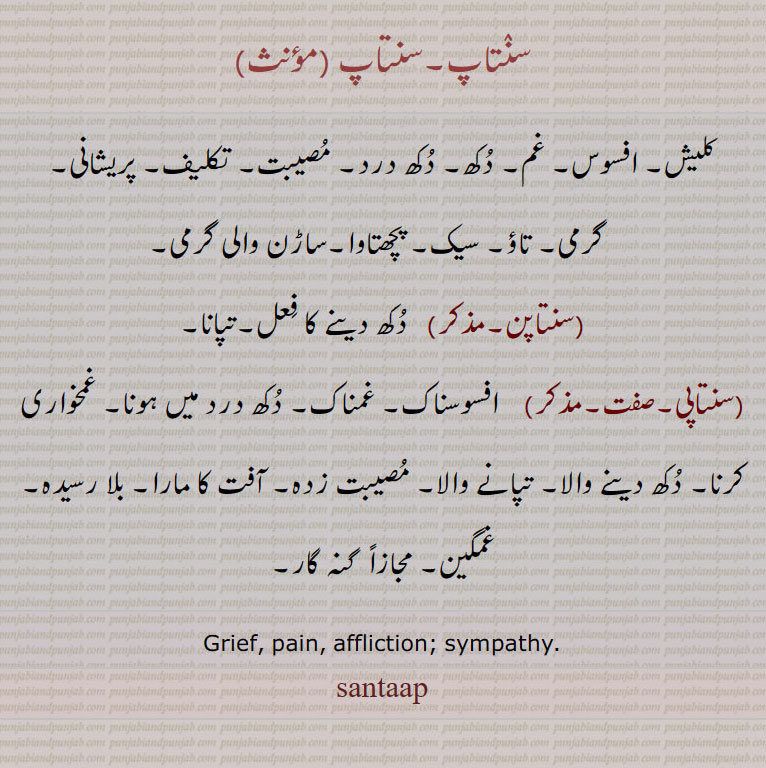 سنتاپ۔سنتاپ ,کلیش۔ افسوس۔ غم۔ دکھ۔ دکھ درد۔ مصیبت۔ تکلیف۔ پریشانی,گرمی۔ تاؤ۔ سیک۔ پچھتاوا۔ساڑن والی گرمی,سنتاپن,  دکھ دینے کا فعل۔تپانا,سنتاپی,   افسوسناک۔ غمناک۔ دکھ درد میں ہونا۔ غمخواری کرنا۔ دکھ دینے والا۔ تپانے والا۔ مصیبت زدہ۔ آفت کا مارا۔ بلا رسیدہ۔ غمگین۔ مجازاً  گنہ گار۔
Grief, pain, affliction; sympathy. ,santaap, santap,  ਸੰਤਾਪ, ਸਨਤਾਪ,سنتاپ,سنتاپن,سنتاپی
