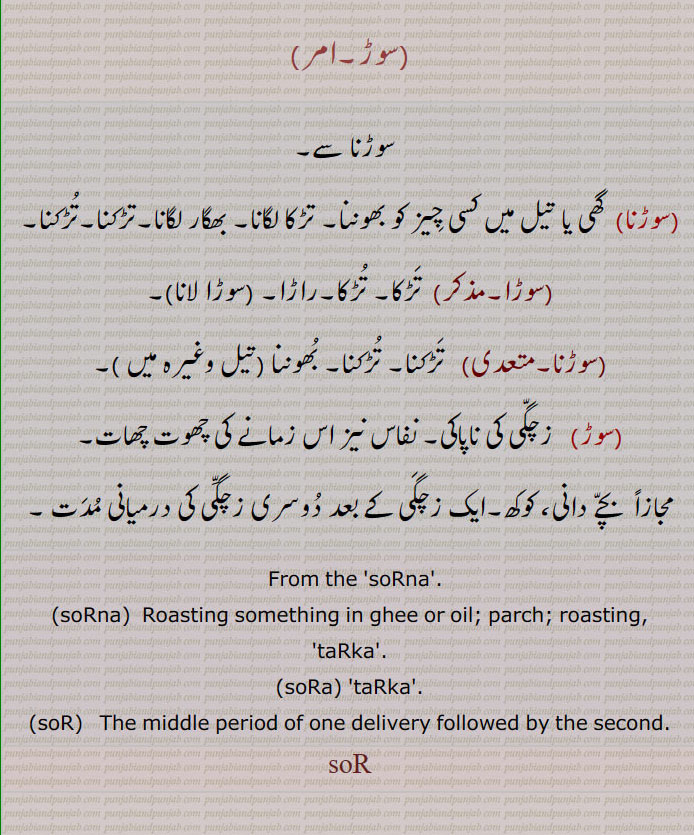 ,سوڑ,سوڑنا سے۔,سوڑنا, گھی یا تیل میں کسی چیز کو بھوننا۔ تڑکا لگانا۔ بھگار لگانا۔تڑکنا۔تڑکنا,سوڑا,تڑکا۔ تڑکا۔راڑا۔ ,سوڑا لانا,سوڑنا,تڑکنا۔ تڑکنا۔ بھوننا ,سوڑ,  زچگی کی ناپاکی۔ نفاس نیز اس زمانے کی چھوت چھات,مجازاً  بچے دانی، کوکھ۔ایک زچگی کے بعد دوسری زچگی کی درمیانی مدت ۔
  From the  soRna, soRna,  Roasting something in ghee or oil; parch; roasting,  taRka, soRa, taRka, soR,  The middle period of one delivery followed by the second.,
soR, ਸੋੜ ,ਸੋੜਾ,