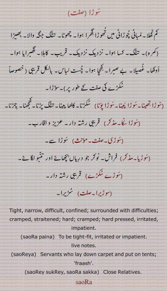 سوڑا , کم کھلا۔ لمبائی چوڑائ میں تھوڑا گھرا ہوا۔ چھوٹا۔ تنگ جگہ والا۔ بھیڑا (کمرہ)۔ تنگ۔ کسا ہوا۔ نزدیک نزدیک۔ قریب۔ کاہلا۔ گھبرایا ہوا۔ اوکھا۔ غصیلا۔ بے صبرا۔ کھچا ہوا۔ چست لباس۔ بالکل قریبی , سوڑ کرنا, انقباس۔ کھنچاؤ کرنا,سوڑا تھینا۔سوڑا پینا۔سوڑا پونا,سکڑنا۔کالھا پینا۔تنگ پڑنا۔کھجھنا۔ چڑنا,سوڑا سکا,  قریبی رشتہ دار۔ عزیز و اقارب,سوڑی,  سوڑا سے,سوڑیا,فراش۔ نوکر جو درٖیاں بچھائے اور تنبو لگائے,سوڑیرا, سڑیرا
Tight, narriw, difficult, confined. surrounded with difficulties., sauRa ,Tight, narrow, difficult. confined, surrounded with difficulties.,sauRa paina, To be tight-fit, irritated or impatient. straitened; hard pressed, irritated, impatient, to be tight-fit, irritated or impatient
, live notes,close relatives. , ਸੌੜਾ, ਸਉਡ਼ਾ, ਸੌੜਾ ਪੈਣਾ , saura paina, saureya, asure sukrey. saura sakka, saora, sauRa, ਸੌਡ਼ਾ,