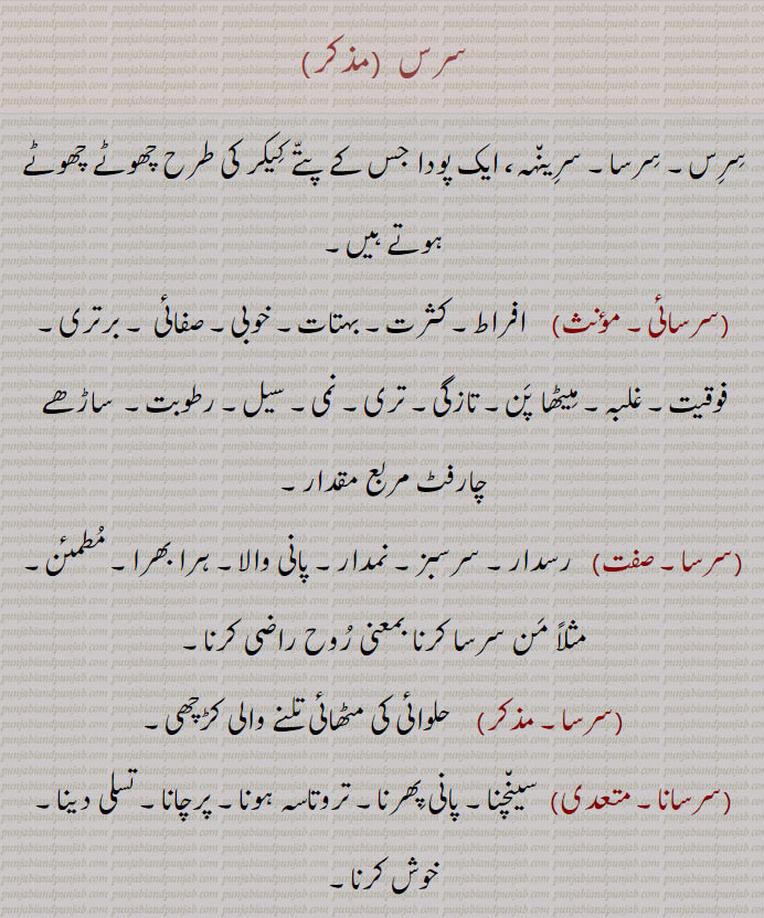 سرس  , سرسا۔ سرینہہ، ایک پودا جس کے پتے کیکر کی طرح چھوٹے چھوٹے ہوتے ہیں,سرسائی, افراط۔ کثرت۔ بہتات۔ خوبی۔ صفائی ۔ برتری۔ فوقیت۔ غلبہ۔ میٹھا پن۔ تازگی۔ تری۔ نمی۔ سیل۔ رطوبت۔  ساڑھے چارفٹ مربع مقدار, رسدار۔ سرسبز۔ نمدار۔ پانی والا۔ ہرا بھرا۔ مطمئن۔ مثلاً من سرسا کرنا بمعنی روح راضی کرنا,  حلوائی کی مٹھائی تلنے والی کڑچھی,سرسانا, سینچنا۔ پانی پھرنا,تروتاسہ ہونا۔ پرچانا۔ تسلی دینا۔ خوش کرنا,سرسنا,  خوش ہونا۔ رچنا۔ مطمئن ہونا۔ بسر ہونا,سرسوتی,  وہ ملک جس میں تالاب اور جھیلیں ہوں۔ ایک دریا کانام۔ ہندؤں کی علم اور گفتگو کی دیوی جو برہماجی کی بیوی اور سنسکرت اور دیوناگری رسم  الخط کی موجد ہے۔