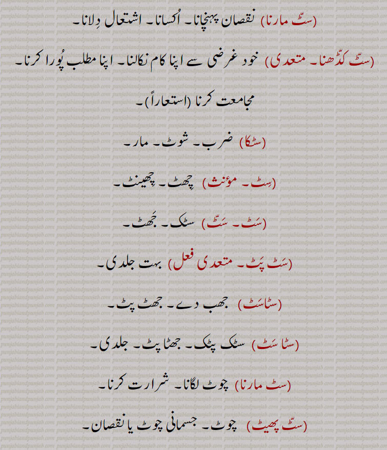 
 سٹ مارنا,  نقصان پہنچانا۔ اکسانا۔ اشتعال دلانا,سٹ کڈھنا۔ , خود غرضی سے اپنا کام نکالنا۔ اپنا مطلب پورا کرنا۔ مجامعت کرنا  ,سٹکا   ضرب۔ شوٹ۔ مار,  چھٹ۔ چھینٹ, سٹک۔ جھٹ,سٹ پٹ۔ ,بہت جلدی,سٹاسٹ,  جھب دے۔ جھٹ پٹ,سٹا سٹ, سٹک پٹک,جھٹا پٹ۔ جلدی,سٹ مارنا, چوٹ لگانا۔ شرارت کرنا,سٹ پھیٹ,   چوٹ۔ جسمانی چوٹ یا نقصان,سٹ مارنی۔سٹ لاؤنی, مارنے کے لئے۔ جھٹکا۔ ٹھوکر۔ سٹ کا سبب بننا۔ چوٹ پہنچانا یا ذہنی اذیت دینا,سٹ لگنی۔سٹ وجنی, چوٹ لگنے سے زخمی ہو جانا۔ صدمہ اٹھانا۔
