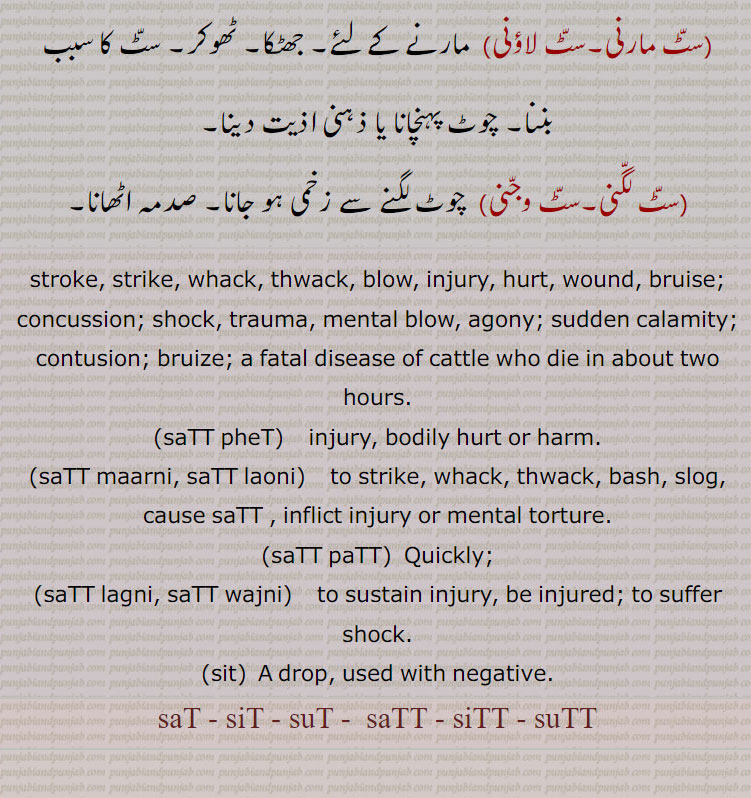 stroke, strike, whack, thwack, blow, injury, hurt, wound, bruise; concussion; shock, trauma, mental blow, agony; sudden calamity; contusion; bruize; a fatal disease of cattle who die in about two hours., saTT pheT,    injury, bodily hurt or harm., saTT maarni, saTT laoni,    to strike, whack, thwack, bash, slog, cause saTT , inflict injury or mental torture., saTT paTT,  Quickly;, saTT lagni, saTT wajni,   to sustain injury, be injured; to suffer shock., sit,  A drop, used with negative., saT - siT - suT -  saTT - siTT - suTT, ਸੱਟ,  ਸੱਟ,ਸੱਟਣਾ,  ਸੁੱਟਣਾ, ਸੱਟ ਮਾਰਨੀ ,ਸੱਟ ਲਾਉਣੀ,ਸੱਟ ਫੇਟ,ਸੱਟ ਲੱਗਣੀ,ਸੱਟ ਵੱਜਣੀ,