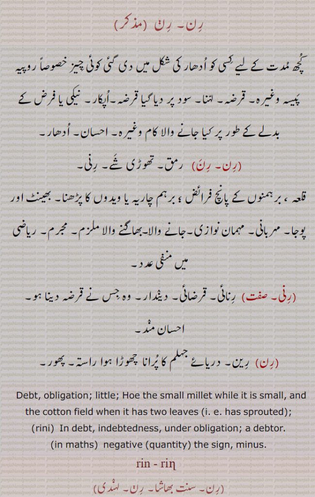 ادھار۔ قرضہ۔ اپکار۔ احسان۔ رمق۔ رنی۔ پوجا۔ مہربانی۔ مہمان نوازی۔ جانے والا۔ بھگنے والا ملزم۔ مجرم۔ رنائی۔ قرضائِ۔ دیندار۔ رین۔ دریا جہلم کا پرانا راستہ۔
 ਰਿਨ, rin , Debt, obligation; little:   