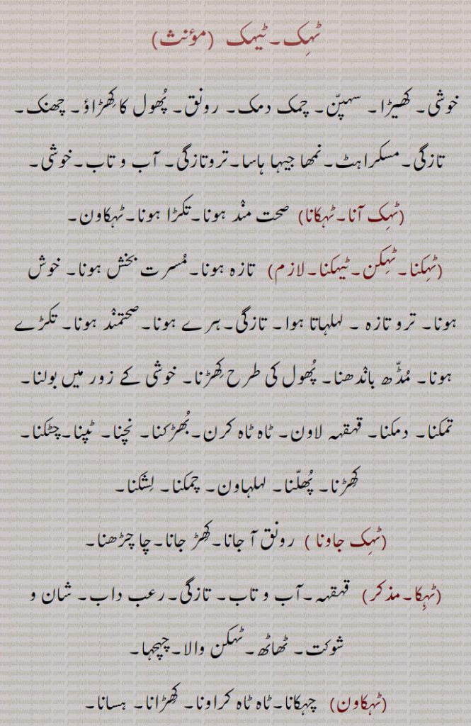 ٹہک,ٹیہک ,خوشی۔ کھیڑا۔ سہپن۔ چمک دمک۔ رونق۔ پھول کا کھڑاؤ۔ چھنک۔ تازگی۔مسکراہٹ۔نمھا جیہا ہاسا۔تروتازگی۔ آب و تاب۔خوشی,ٹہک آنا۔ٹہکانا, صحت مند ہونا۔تکڑا ہونا۔ٹہکاون,ٹہکنا۔ٹہکن۔ٹیہکنا, تازہ ہونا۔مسرت بخش ہونا۔ خوش ہونا۔ ترو تازہ ۔ لہلہاتا ہوا۔ تازگی۔ہرے ہونا۔صحتمند ہونا۔ تکڑے ہونا۔ مڈھ باندھنا۔ پھول کی طرح کھڑنا۔ خوشی کے زور میں بولنا۔ تمکنا۔ دمکنا۔ قہقہہ لاون۔ ٹاہ ٹاہ کرن۔بھڑکنا۔ نچنا۔ ٹپنا۔چٹکنا۔کھڑنا۔ پھلنا۔ لہلہاون۔ چمکنا۔ لشکنا,ٹہک جاونا , رونق آ جانا۔کھڑ جانا۔چا چڑھنا,ٹہکا,  قہقہہ۔آب و تاب۔ تازگی۔رعب داب۔ شان و شوکت۔ ٹھاٹھ۔ٹہکن والا۔چہچہا,ٹہکاون,  چہکانا۔ٹاہ ٹاہ کراونا۔ کھڑانا۔ ہسانا۔
