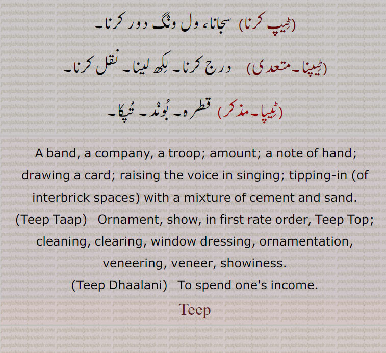 A band, a company, a troop; amount; a note of hand; drawing a card; raising the voice in singing; tipping-in (of interbrick spaces) with a mixture of cement and sand.,Teep Taap,   Ornament, show, in first rate order, Teep Top; cleaning, clearing, window dressing, ornamentation, veneering, veneer, showiness.,Teep Dhaalani,   To spend one's income.
 ٹیپ ٹّا,ٹیپ ٹاپ,ٹیپ ڈھالنا,ٹیپاں ڈھالنا,ٹیپ کرن,ٹیپنا,ٹیپا,, ٹیپ,Teep, ਟੀਪ,ਟੀਪ ਟਾਪ, Teep Taap,Teep Dhaalani,Teep Top,