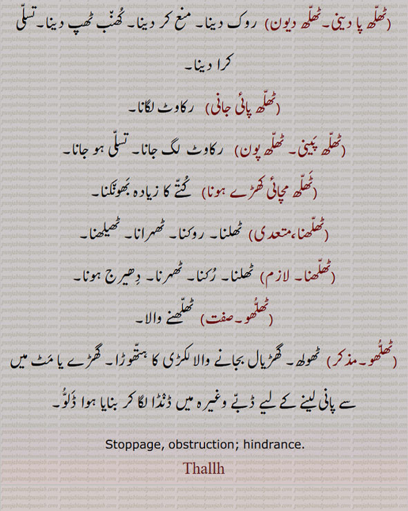  ਨੱਲ੍ਹ, thallh ,   thallh pa deni, thallh pai jani, thallh paini,
 ٹھلھ پا دینی,ٹھلھ دیون,ٹھلھ پائی جانی,ٹھلھ پینی, ٹھلھ پون,ٹھلھ مچائی کھڑے ہونا,ٹھلھنا,ٹھلھو,ٹھلھو, ٹھولھ,ٹھلّھ,  ٹھلھ,