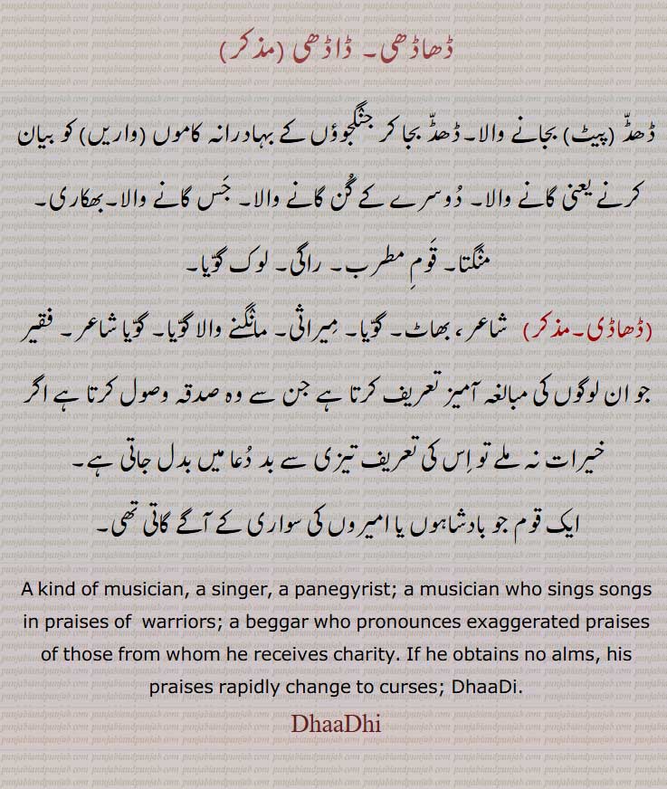 ڈھاڈھی,ڈاڈھی , ڈھاڈی,,ڈھڈ ,پیٹ  بجانے والا۔ڈھڈ بجا کر جنگجوؤں کے بہادرانہ کاموں واریں کو بیان کرنے یعنی گانے والا۔,لوک گوّیا,
ایک قوم جو بادشاہوں یا امیروں کی سواری کے آگے گاتی تھی۔
A kind of musician, a singer, a panegyrist; a musician who sings songs in praises of  warriors; a beggar who pronounces exaggerated praises of those from whom he receives charity. If he obtains no alms, his praises rapidly change to curses; DhaaDi.
DhaaDhi, dhaadi, daadhi,
  ਢਾਢੀ,  ਢਾਡੀ, ڈھاڈھی,ڈاڈھی , ڈھاڈی,,