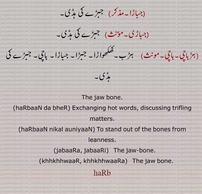 haRbaaN da bheR,,haRbaaN nikal auniyaaN,   ,jabaaRa, jabaaRi,hhkhhwaaR, khhkhhwaaRa,  jaw bone,ਹੜਬ, ہڑب,jaw-bone,,ਖਖਵਾੜ, کھکھواڑ,  ਜਬਾੜਾ ,جباڑا, ਬਾਚੀ,باچی,