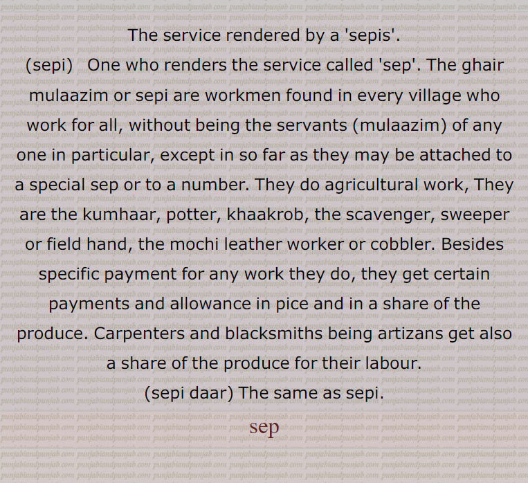 
The service rendered by a  sepis،sepi،  One who renders the service called 'sep'. The ghair mulaazim or sepi are workmen found in every village who work for all, without being the servants (mulaazim) of any one in particular, except in so far as they may be attached to a special sep or to a number. They do agricultural work, They are the kumhaar, potter, khaakrob, the scavenger, sweeper or field hand, the mochi leather worker or cobbler. Besides specific payment for any work they do, they get certain payments and allowance in pice and in a share of the produce. Carpenters and blacksmiths being artizans get also a share of the produce for their labour.،sepi daar، The same as sepi. sep,  ਸੇਪ, sepi, ਸੇਪੀ,
