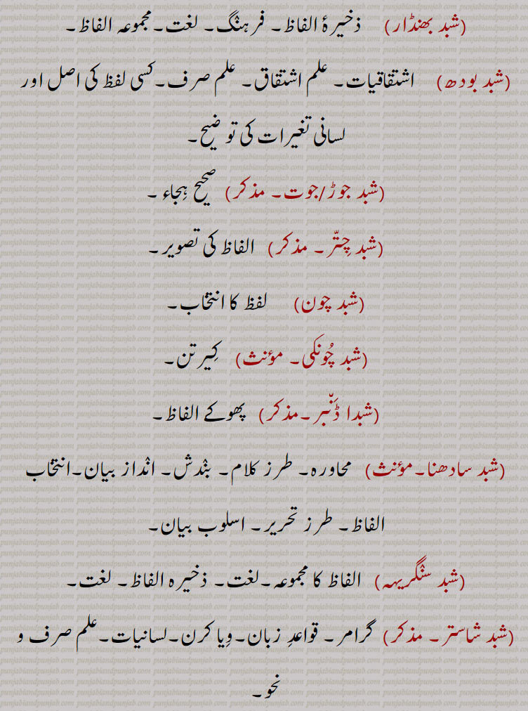 الفاظ کا ذخیرہ۔ لغت,شبد جوت,  صحیح ہجاء,شبدا ڈنبر,  پھوکے الفاظ,شبدارتھ,  الفاظ کے معانی,شبدا نشاسن, الفاظ کا صرفی بیان,شبدا نواد, الفاظ کا ترجمہ,شبدا ولی,شبدا لنکار,الفاظ کی علم بیان کی صفات,شبد چتر,  الفاظ کی تصویر,شبد چنکی,  کیرتن,شبد شاستر, گرامر۔ قواعد زبان۔ویا کرن۔لسانیات۔علم صرف و ںحو,شبد شکتی, شبد کی وہ طاقت جس سے اس کا مطلب ظاہر ہو یعنی اپبھدھا, لچھنا۔ وینجنا۔