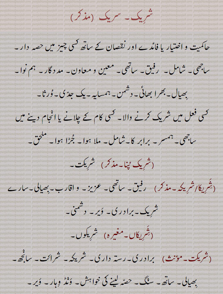 شریک۔ سریک  , حاکمیت و اختیار یا فائدے اور نقصان کے ساتھ کسی چیز میں حصہ دار۔ ساجھی۔ شامل۔  رفیق۔ ساتھی۔ معین و معاون۔ مددگار۔ ہم نوا۔بھیال۔بھرا بھائی۔دشمن۔ہمسایہ۔یک جدی۔ورثا۔
کسی فعل میں شریک کرنے والا۔ کسی کام کے چلانے یا انجام دینے میں ساجھی۔ہمسر۔ برابر کا۔شامل۔ ملا ہوا۔ جڑا ہوا۔ ملحق,شریک پنا,شریکت, شریکا,شریکہ, رفیق۔ ساتھی۔ عزیز۔ و اقارب۔بھیالی۔سارے شریک۔برادری۔ ویر۔ دشمنی,شریکاں,شریکوں,شریکت,برادری۔رستہ داری۔ شریکہ۔ شراکت۔ سانجھ۔ بھیالی۔ ساتھ۔ سنگ۔ حصہ لینے کی خواہش۔ ونڈ وہار۔ ویر,شریکن, شریکنی۔ رشتہ برادری کی عورت,شریکنی, ساتھن۔ شریک کی عورت۔کڑمنی,شریکواں, برادرانہ,شریکواں کانڈھا, ٹلے ویل دا کانڈھا۔ شادی بیاہ پر ہمسایوں کو جو بلاوہ بھیجا جائے۔وہ بیاہ  کے وقت شریک ہوتے ہیں، نائی میراثی کو ویل دیتے ہیں مگر شادی کی روٹی میں شریک نہیں ہوتے,شریکا ,شریکہ, شریکا ایک دیسی دوا ہے سریع الہضم اور مسہل ہے، صفرا کو جس میں خون ملا ہوا ہو نکالتی ہے۔