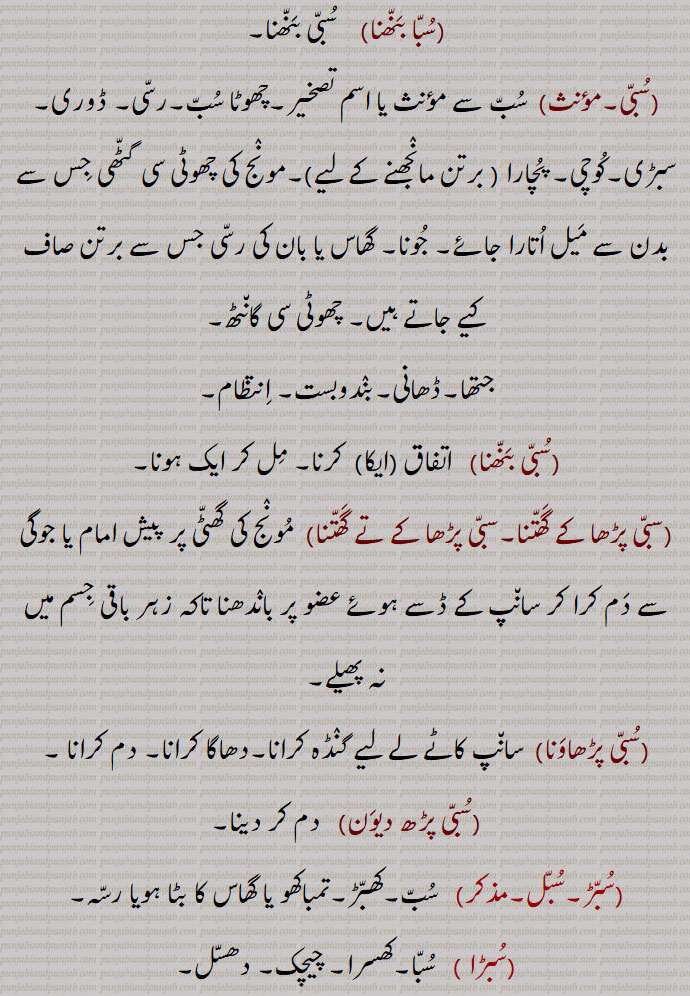  موٹی سی گانٹھ۔سنبا۔ شانتی۔ایکا۔اکٹھ۔جتھا۔ڈھانی بندوبست۔ انتظام۔ اتفاق۔ اتحاد۔,سبا, سب سے اسم مکبر۔ مٹھے کو باندھنے والا رسہ۔کھسرا۔ چیچک۔ دھسل۔سبڑا,سبا بنھنا, سبی بنھنا,سبی,,چھوٹا سب۔رسی۔ ڈوری۔ سبڑی۔کوچی۔ پچارا ,مونج کی چھوٹی سی گٹھی جس سے بدن سے میل اتارا جائے۔ جونا۔ گھاس یا بان کی رسی جس سے برتن صاف کیے جاتے ہیں۔ چھوٹی سی گانٹھ,جتھا۔ڈھانی۔بندوبست۔ انتظام,سبی بنھنا,   اتفاق  کرنا۔ مل کر ایک ہونا,سبی پڑھا کے گھتنا۔سبی پڑھا کے تے گھتنا, مونج کی گھٹی پر پیش امام یا جوگی سے دم کرا کر سانپ کے ڈسے ہوئے عضو پر باندھنا تاکہ زہر باقی جسم میں نہ پھیلے,سبی پڑھاونا, سانپ کاٹے لے لیے گنڈہ کرانا۔دھاگا کرانا۔ دم کرانا ,سبی پڑھ دیون,   دم کر دینا,سبڑ۔سبل,سب۔کھبڑ۔تمباکھو یا گھاس کا بٹا ہویا رسہ,سبڑا ,  سبا۔کھسرا۔ چیچک۔ دھسل۔