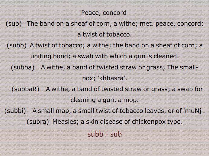 Peace, concord ,sub,   The band on a sheaf of corn, a withe; met. peace, concord; a twist of tobacco.,subb,  A twist of tobacco; a withe; the band on a sheaf of corn; a uniting bond; a swab with which a gun is cleaned.,subba,   A withe, a band of twisted straw or grass; The small-pox;  khhasra, subbaR,  A withe, a band of twisted straw or grass; a swab for cleaning a gun, a mop., subbi, A small map, a small twist of tobacco leaves, or of  muNj, subra, Measles; a skin disease of chickenpox type., 
subb, sub, subba,ਸੁੱਬਾ subbaR, ਸੁੱਬਡ਼,subbi, ਸੁੱਬੀ,subra, سُب ,subb , ਸੁੱਬ,sub, ਸੁਬ, سبھر،