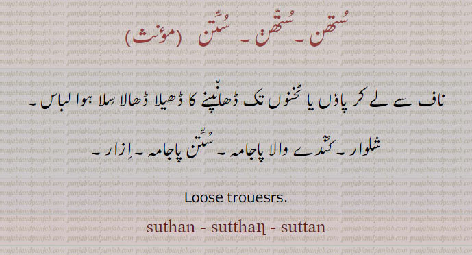 سُتّھن, ستن,  sutthan, suthn,suthni,  شلوار, ازار , suttha,ਸੁੱਥਣ,ਸੁਥਨੀ,ਸੁਥਣੀ,ਸੁਥੁੱਣ, loose trousrs, ستھن،
ناف سے پاؤں تک کا ڈھیلا ڈھالا سلا لباس۔ شلوار۔ ازار۔ پاجامہ۔