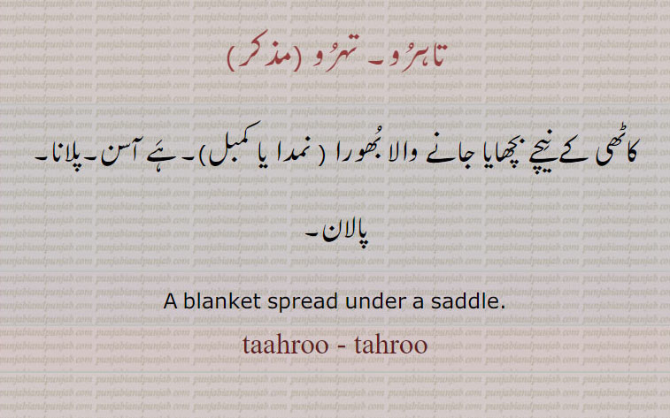 ,تاہرو, تہرو,کاٹھی, taahroo, tahroo, taahru - tahru,ਤਾਹਰੂ, ਤਹਰੂ, 
کاٹھی کے نیچے بچھایا جانے والا بھورا ( نمدا یا کمبل)۔ہے آسن۔ پلان۔ پلانا۔
A blanket spread under a saddle.,