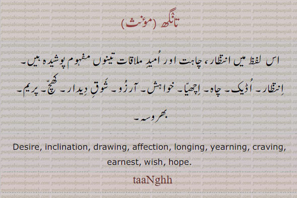 تانگھ, تانگ, تاہنگ, taaNghh ,ਤਾਂਘ, tang,taang,tanghh,tahng,
desire. drawing. affection. hope. earnest. wish. craving.
انتظار۔ چاہت۔ امید۔ اڈیک۔ چاہ۔ خواہش۔ کھچ۔ پریم۔ بھروسہ۔