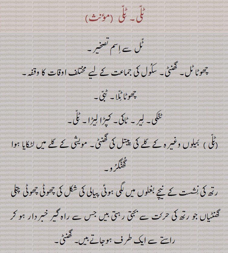  ٹلی, ,Tilli,,Tallee,  Talli,  ਟੱਲੀ, ٹلی ورگا,لیر,ٹاکی, 
patch of cloth. small bell. مویشی کے گلے کی گھنٹِ۔ ٹبی۔کھرا۔ 