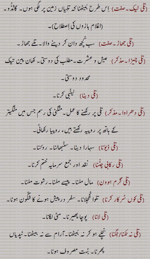 ,تلی جھاڑ۔صفت,سب کچھ دان کر دینے والا۔تلے جھاڑ,تلی چیڑا, عیش و عشرت۔مطلب کی دوستی۔ کھان پین تیک محدود دوستی,تلی دینا, لینبی کرنا,تلی دھراوا,  تلی پر رکھنے کا عمل۔منگنی کی رسم جس میں منگیتر کے ہاتھ پر روپیہ رکھتے ہیں، روپیا رکھائی,تلی ڈیونا,  سہارا دینا۔ سنبھالنا۔ روکنا,تلی رکابی چٹنا,  نقد اور جمع سرمایہ ختم کرنا,تلی گرم ہوون, مال ملنا۔ پیسے ملنا۔رشوت ملنا,تلی کوں سرکار کرنا,  تلوا کھجلانا۔ سفر درپیش ہونے کا شگون ہونا,تلی لانا, پوچا پھیرنا۔ مٹی لگانا,تلی نہ ٹکنا/ ٹگنا,  نچلے ہو کر نہ بیٹھنا۔آرام سے نہ بیٹھنا۔ٹپدیاں پھرنا۔ بہت مصروف ہونا,