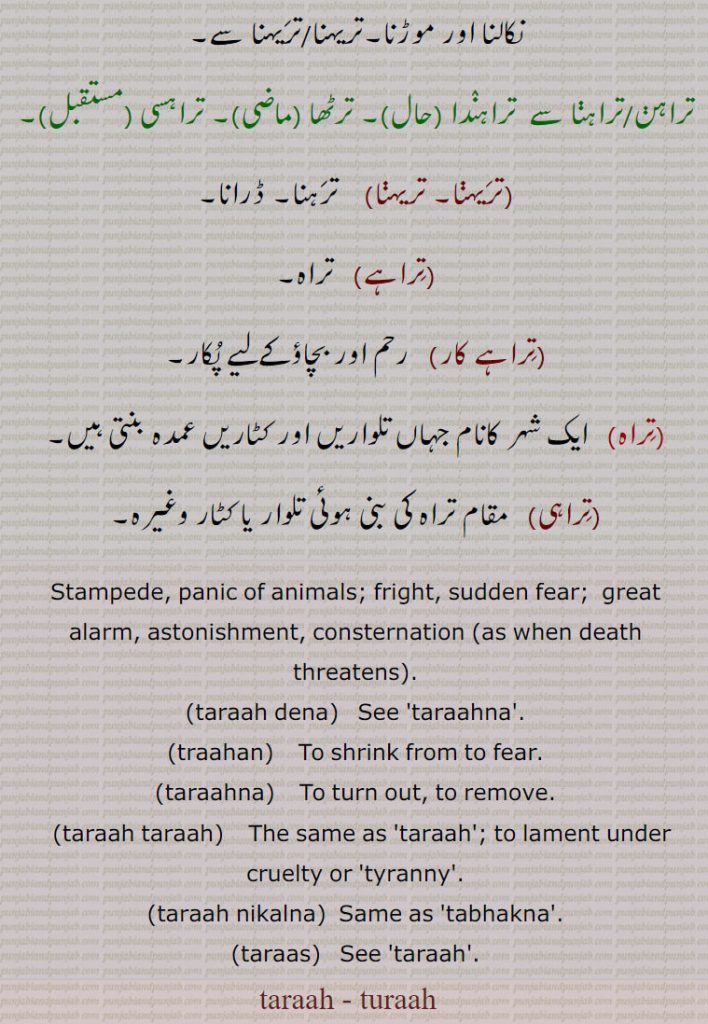 Stampede, panic of animals; fright, sudden fear;  great alarm, astonishment, consternation  as when death threatens .,taraah dena,  See 'taraahna'.,traahan,    To shrink from to fear.,taraahna,    To turn out, to remove.,taraah taraah,   The same as 'taraah'; to lament under cruelty or 'tyranny'.,taraah nikalna,  Same as 'tabhakna'.,taraas,   See 'taraah'.
,taraah, turaah  ,  taraahna, ਤਰਾਹਣਾ, tarah , ਤ੍ਰਾਹ ਤ੍ਰਾਹ ਕਰਨਾ ,taraah nikalna, ਤ੍ਰਾਹ ਨਿਕਲ਼ਨਾ, ਤਭਕਣਾ,taraas, ਤਰਾਸ ,taraah, ਤ੍ਰਾਹ, تراہ , ਤਰਾਹ ,
