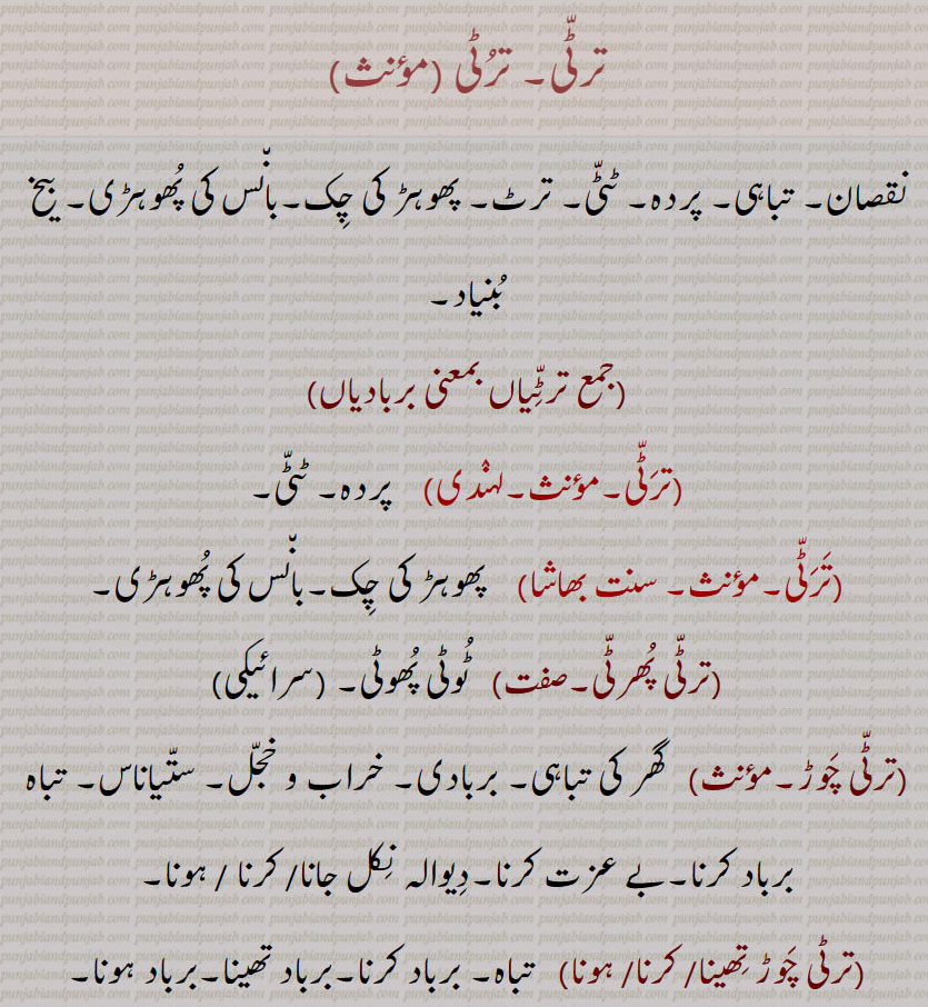 ترٹی,نقصان۔ تباہی۔ پردہ۔ ٹٹی۔ ترٹ۔ پھوہڑ کی چک۔بانس کی پھوہڑی۔ بیخ بنیاد, ترٹّیاں بمعنی بربادیاں,,  پردہ۔ ٹٹی,  پھوہڑ کی چک۔بانس کی پھوہڑی,ترٹی پھرٹی,  ٹوٹی پھوٹی,ترٹی چوڑ, گھر کی تباہی۔ بربادی۔ خراب و خجل۔ ستیاناس۔ تباہ برباد کرنا۔بے عزت کرنا۔دیوالہ نکل جانا/ کرنا / ہونا,ترٹی چوڑ تھینا,ترٹی چوڑ کرنا,ترٹی چوڑ ہونا,   تباہ۔ برباد کرنا۔برباد تھینا۔برباد ہونا۔