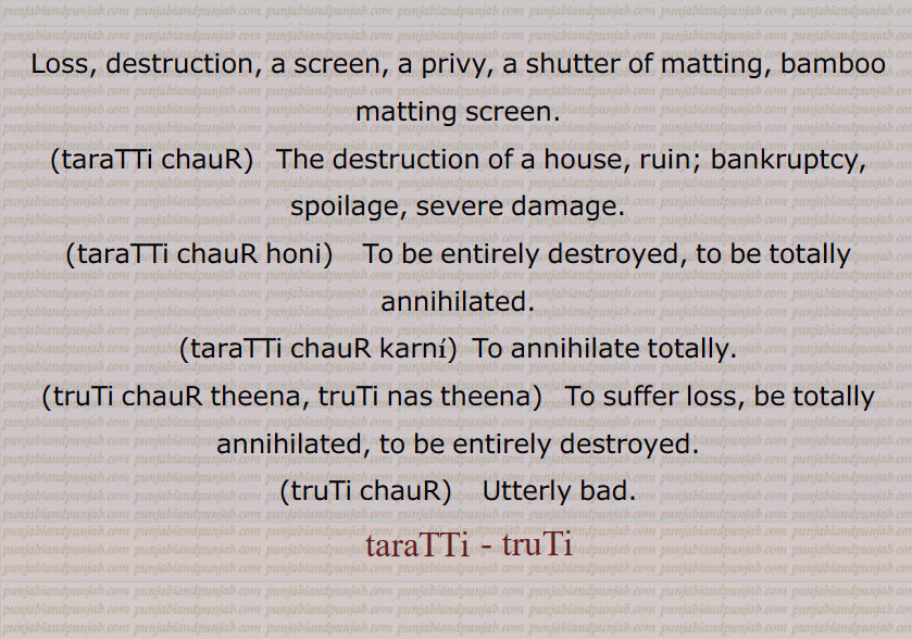 Loss, destruction, a screen, a privy, a shutter of matting, bamboo matting screen.
(taraTTi chauR)   The destruction of a house, ruin; bankruptcy, spoilage, severe damage., taraTTi chauR honi,  To be entirely destroyed, to be totally annihilated., taraTTi chauR karni,  To annihilate totally.,truTi chauR theena, truTi nas theena,  To suffer loss, be totally, annihilated, to be entirely destroyed., truTi chauR, Utterly bad., taratti, truTi,
, ترٹی, ترٹیاں, ترٹی پھرٹی ,ترٹی چوڑ تھینا , taraTTi chauR, taraTTi chauR honi, taraTTi chauR karni, truTi chauR theena, truTi nas theena, truTi chauR, taratti, truTi, ਤਰੱਟੀ, ਤ੍ਰੱਟੀ ਚੌੜ, ਤਰੱਟੀ ਚੌੜ
