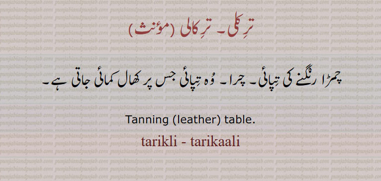 ترکلی۔ ترکالی
چمڑا رنگنے کی تپائی۔ چرا۔ وہ تپائی جس پر کھال کمائی جاتی ہے۔
Tanning (leather) table.
 tarikali, tarikli, tarikaali,ਤਿਰਕਲੀ, ਤਿਰਕਾਲੀ