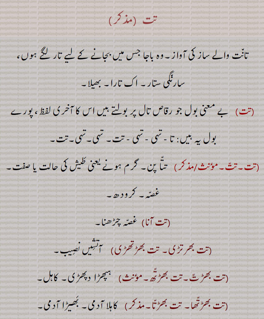 تت  ,تانت والے ساز کی آواز۔وہ باجا جس میں بجانے کے لیے تار لگے ہوں، سارنگی ستار۔ اک تارا۔ بھیلا,بے معنی بول جو رقاص تال پر بولتے ہیں اس کا آخری لفظ، پورے بول یہ ہیں: تا - تہی - تہی - تت۔ تہی۔تہی۔تت,تت۔تت, تتا پن۔ گرم ہونے یعنی طیش کی حالت یا صفت۔ غصہ۔ کرودھ,تت آنا,  غصہ چڑھنا,تت بھرتڑی۔ تت بھڑتھڑی,  آتشیں نصیب,تت بھڑت۔تت بھڑتھ, ہپھڑا دپھڑی۔ کاہل,تت بھڑتھا۔ تت بھڑتا,کاہلا آدمی۔ بھیڑا آدمی,تت بھڑتھی۔تت بھڑتی,