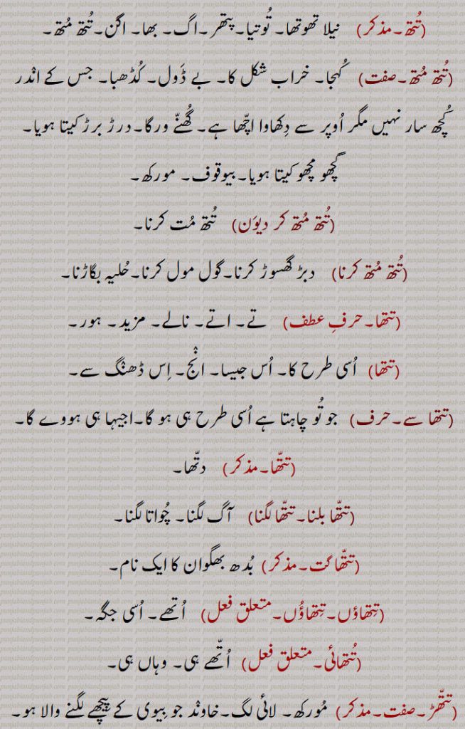  نیلا تھوتھا۔ توتیا۔پتھر۔اگ۔ بھا۔ اگن۔تتھ متھ,  کہجا۔ خراب شکل کا۔ بے ڈول۔ کڈھبا۔ جس کے اندر کچھ سار نہیں مگر اوپر سے دکھاوا اچھا ہے۔ گھنے ورگا۔درڑ برڑ کیتا ہویا۔
گچھو مچھو کیتا ہویا۔بیوقوف۔ مورکھ,تتھ متھ کر دیون,  تتھ مت کرنا,تتھ متھ کرنا,    دبڑ گھسوڑ کرنا۔گول مول کرنا۔حلیہ بگاڑنا,تتھا, تے۔ اتے۔ نالے۔ مزید۔ ہور,  اسی طرح کا۔ اس جیسا۔ انج۔ اس ڈھنگ سے,  جو تو چاہتا ہے اسی طرح ہی ہو گا۔اجیہا ہی ہووے گا,   دتھا,تتھا بلنا۔تتھا لگنا,   آگ لگنا۔ چواتا لگنا,تتھا گت, بدھ بھگوان کا ایک نام,تتھاؤں۔تتھاؤں,   اتھے۔ اسی جگہ,تتھائی, اتھے ہی۔ وہاں ہی,تتھڑ, مورکھ۔ لائی لگ۔خاوند جو بیوی کے پیچھے لگنے والا ہو,