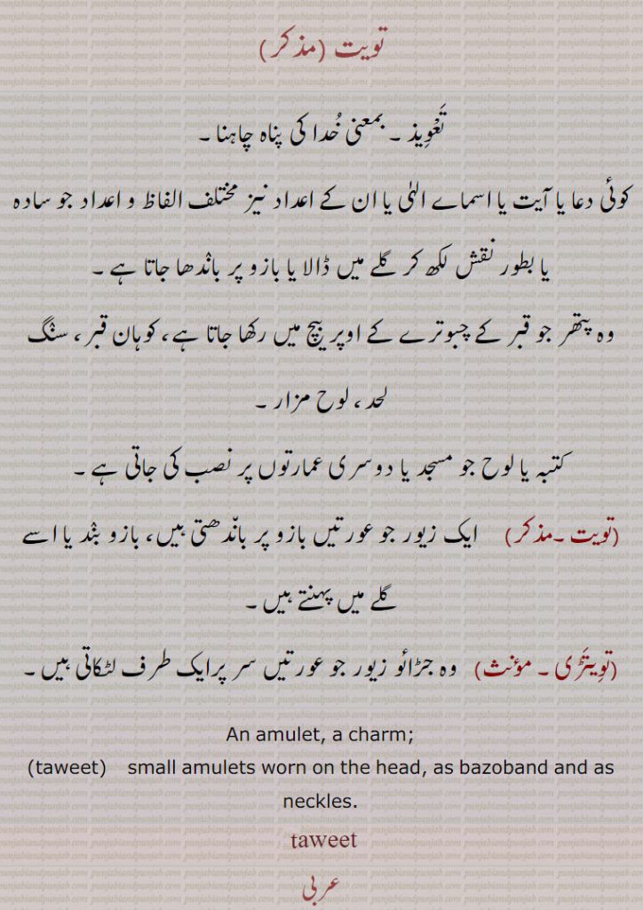 تویت ,تعویذ۔ بمعنی خدا کی پناہ چاہنا۔
کوئی دعا یا آیت یا اسماے الہٰی یا ان کے اعداد نیز مختلف الفاظ و اعداد جو سادہ یا بطور نقش لکھ کر گلے میں ڈالا یا بازو پر باندھا جاتا ہے۔
وہ پتھر جو قبر کے چبوترے کے اوپر بیچ میں رکھا جاتا ہے، کوہان قبر، سنگ لحد، لوح مزار,کتبہ یا لوح جو مسجد یا دوسری عمارتوں پر نصب کی جاتی ہے,   ایک زیور جو عورتیں بازو پر باندھتی ہیں، بازو بند یا اسے گلے میں پہنتے ہیں,تویتڑی۔,  وہ جڑائو زیور جو عورتیں سر پرایک طرف لٹکاتی ہیں۔
An amulet, a charm;,taweet,   small amulets worn on the head, as bazoband and as neckles.
Taweet, تویت,تویتڑی, تعویذ,  taweet, tawiz, tawit, taweez, taweetri, tawitri,ਤਵੀਤ,Traditional Ornaments of Punjab,,Jewellery,jewelry,زیور