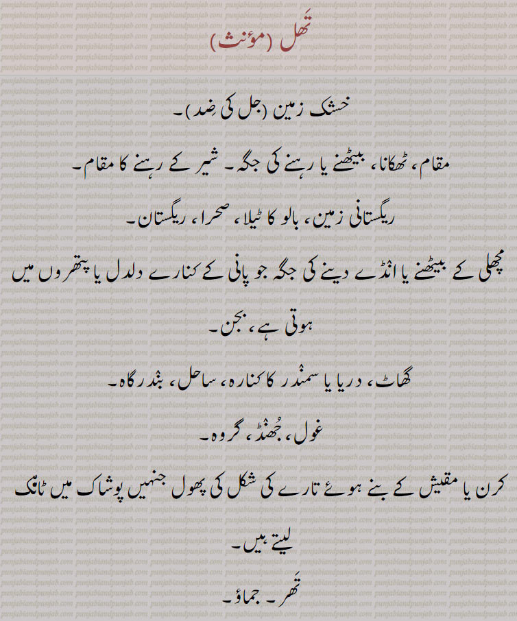 
تھل ,خشک زمین,جل کی ضد,مقام، ٹھکانا، بیٹھنے یا رہنے کی جگہ۔ شیر کے رہنے کا مقام,ریگستانی زمین، بالو کا ٹیلا، صحرا، ریگستان,مچھلی کے بیٹھنے یا انڈے دینے کی جگہ جو پانی کے کنارے دلدل یا پتھروں میں ہوتی ہے، بجن,گھاٹ، دریا یا سمندر کا کنارہ، ساحل، بندرگاہ,غول، جھنڈ، گروہ۔
کرن یا مقیش کے بنے ہوئے تارے کی شکل کی پھول جنہیں پوشاک میں ٹانک  لیتے ہیں,تھر۔ جماؤ,