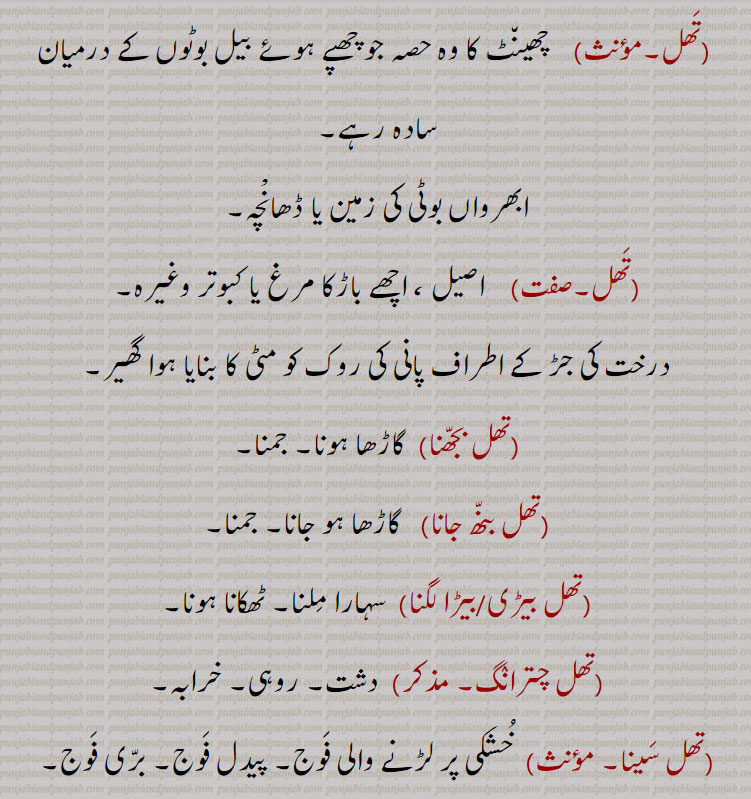 
  چھینٹ کا وہ حصہ جو چھپے ہوئے بیل بوٹوں کے درمیان سادہ رہے,ابھرواں بوٹی کی زمین یا ڈھانچہ,  اصیل ، اچھے باڑکا مرغ یا کبوتر وغیرہ, درخت کی جڑ کے اطراف پانی کی روک کو مٹی کا بنایا ہوا گھیر,تھل بجھنا, گاڑھا ہونا۔ جمنا,تھل بنھ جانا, گاڑھا ہو جانا۔ جمنا,تھل بیڑی,تھل بیڑی بیڑا لگنا, سہارا ملنا۔ ٹھکانا ہونا,تھل چترانگ,  دشت۔ روہی۔ خرابہ,تھل سینا,  خشکی پر لڑنے والی فوج۔ پیدل فوج۔ بری فوج,تھل مارو, وہ صحرا جہاں سسی نے مر کر قبر حاصل کی تھی۔ قاتل تھل,تھلوان,  تھل کا اونٹ۔