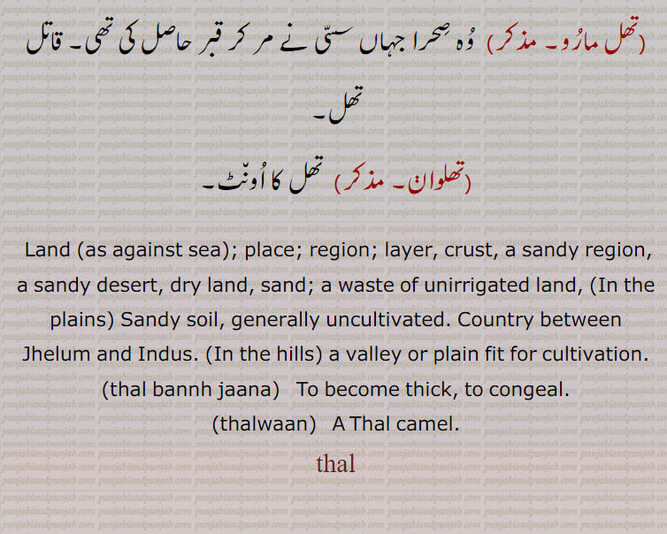 Land (as against sea); place; region; layer, crust, a sandy region, a sandy desert, dry land, sand; a waste of unirrigated land, (In the plains) Sandy soil, generally uncultivated. Country between Jhelum and Indus. (In the hills) a valley or plain fit for cultivation., thal bannh jaana,   To become thick, to congeal., thalwaan,  A Thal camel. ,
  تھل,thal,ਥਲ,تھل بجھنا,تھل بنھ جانا,تھل بیڑی بیڑا لگنا,تھل چترانگ,تھل سینا, تھل مارو, ,تھلوان ,, thal bannh jaana,thalwaan,