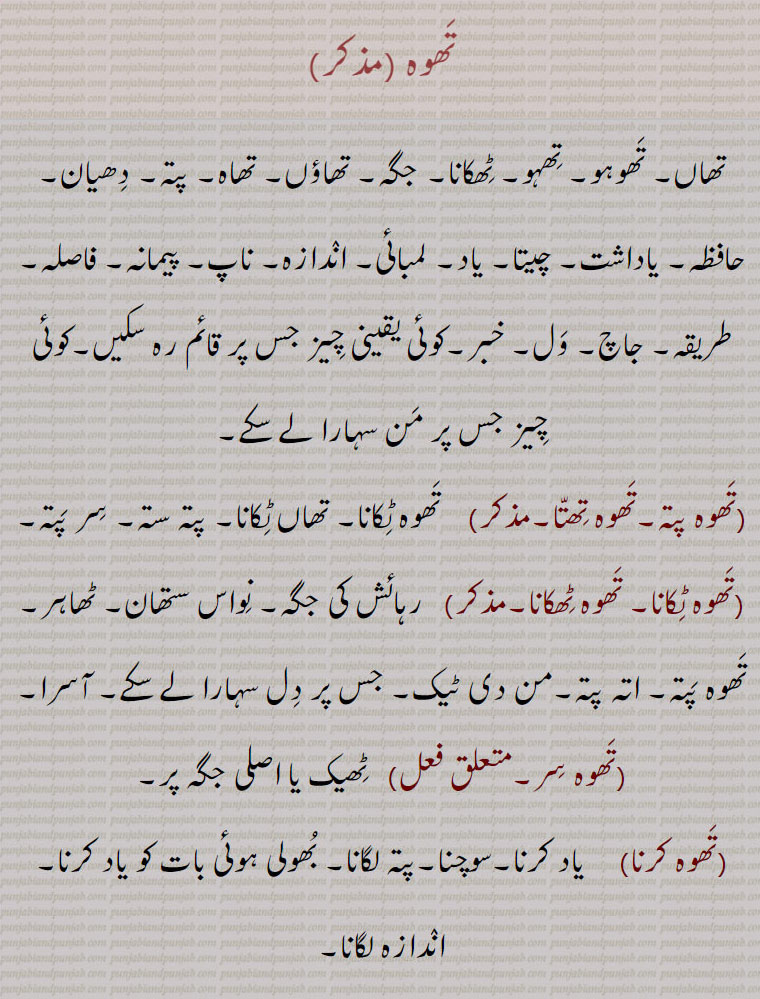 تھوہ ,تھاں۔ تھوہو۔ تھہو۔ ٹھکانا۔ جگہ۔ تھاؤں۔ تھاہ۔ پتہ۔ دھیان۔ حافظہ۔ یاداشت۔ چیتا۔ یاد۔ لمبائی۔ اندازہ۔ ناپ۔ پیمانہ۔ فاصلہ۔ طریقہ۔ جاچ۔ ول۔ خبر۔کوئی یقینی چیز جس پر قائم رہ سکیں۔کوئی چیز جس پر من سہارا لے سکے,تھوہ پتہ۔تھوہ تھتا,    تھوہ ٹکانا۔ تھاں ٹکانا۔ پتہ ستہ۔ سر پتہ,تھوہ ٹکانا۔ تھوہ ٹھکانا, رہائش کی جگہ۔ نواس ستھان۔ ٹھاہر۔ تھوہ پتہ۔ اتہ پتہ۔من دی ٹیک۔ جس پر دل سہارا لے سکے۔ آسرا,تھوہ سر, ٹھیک یا اصلی جگہ پر,تھوہ کرنا, یاد کرنا۔سوچنا۔پتہ لگانا۔ بھولی ہوئی بات کو یاد کرنا۔ اندازہ لگانا,تھوہ لگنا,سمجھ آنا,تھوہ نا رہنا, بھولنا,تھوہ لوانا, تخمینہ لگوانا۔ اندازہ لگوانا,تھوہ,  تھوہ۔ منزل مقصود, سہارا۔ آسرا,تھوہ تکنا, آسرا ڈھونڈنا۔