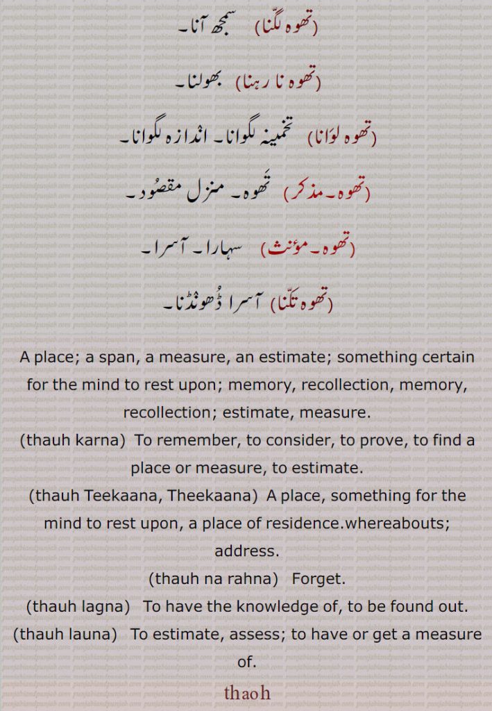 A place; a span, a measure, an estimate; something certain for the mind to rest upon; memory, recollection, memory, recollection; estimate, measure.,thauh karna,  To remember, to consider, to prove, to find a place or measure, to estimate.,thauh Teekaana, Theekaana,  A place, something for the mind to rest upon, a place of residence.whereabouts; address.,thauh na rahna,   Forget.,thauh lagna,  To have the knowledge of, to be found out.,thauh launa,   To estimate, assess; to have or get a measure of.
 thaoh,
تھوہ,تھاں, تھوہو, تھہو, ٹھکانا, جگہ, تھاؤں, تھاہ, پتہ ,تھوہ پتہ,تھوہ تھتا, تھوہ ٹکانا, تھاں ٹکانا, تھوہ ٹھکانا, ٹھاہر, تھوہ پتہ ,تھوہ سر,تھوہ کرنا,تھوہ لگنا,تھوہ نا رہنا,تھوہ لوانا,تھوہ,تھوہ تکنا,thauh karna,thauh Teekaana, Theekaana, ਥੌਹ ਟਿਕਾਣਾ,thauh na rahna, ਥੌਹ ਨਾ ਰਹਿਣਾ,thaoh lagna, ਥੌਹ ਲੱਗਣਾ,thaoh launa, ਥੌਹ ਲਾਉਣਾ ,thauh, ਥੌਹ, ਥੌਹੁ ,thauhu,