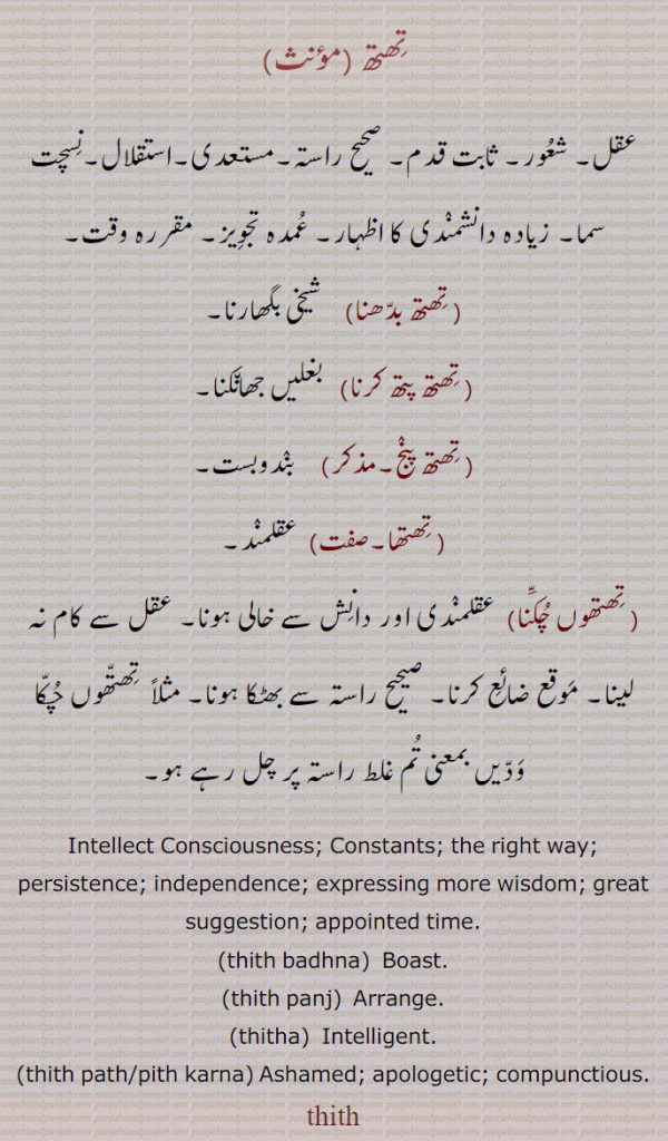 تھتھ,عقل۔ شعور۔ ثابت قدم۔ صحیح راستہ۔مستعدی۔استقلال۔نسچت سما۔ زیادہ دانشمندی کا اظہار۔ عمدہ تجویز۔ مقررہ وقت, تھتھ بدھنا,  شیخی بگھارنا, تھتھ پتھ کرنا,   بغلیں جھانکنا,تھتھ پنج, بندوبست, تھتھا, عقلمند,تھتھوں چکّنا,عقلمندی اور دانش سے خالی ہونا۔ عقل سے کام نہ لینا۔ موقع ضائع کرنا۔ صیحیح راستہ سے بھٹکا ہونا۔ مثلاً  تھتھوں چکا ودیں بمعنی تم غلط راستہ پر چل رہے ہو۔
Intellect Consciousness; Constants; the right way; persistence; independence; expressing more wisdom; great suggestion; appointed time.,thith badhna,  Boast.,thith panj,  Arrange.,thitha,  Intelligent.,thith path,thith pith karna, Ashamed; apologetic; compunctious.,  
تھتھ , thith, ਥਿਥ ,تھتھ ,عقل, شعور,مقررہ وقت, تھتھ بدھنا, تھتھ پتھ کرنا, بغلیں جھانکنا, تھتھ پنج,بندوبست, تھتھا, عقلمند, تھتھوں چکنا) عقلمندی اور دانش سے خالی ہونا,thith path,thith pith karna, thitha,,thith badhna,thith panj,