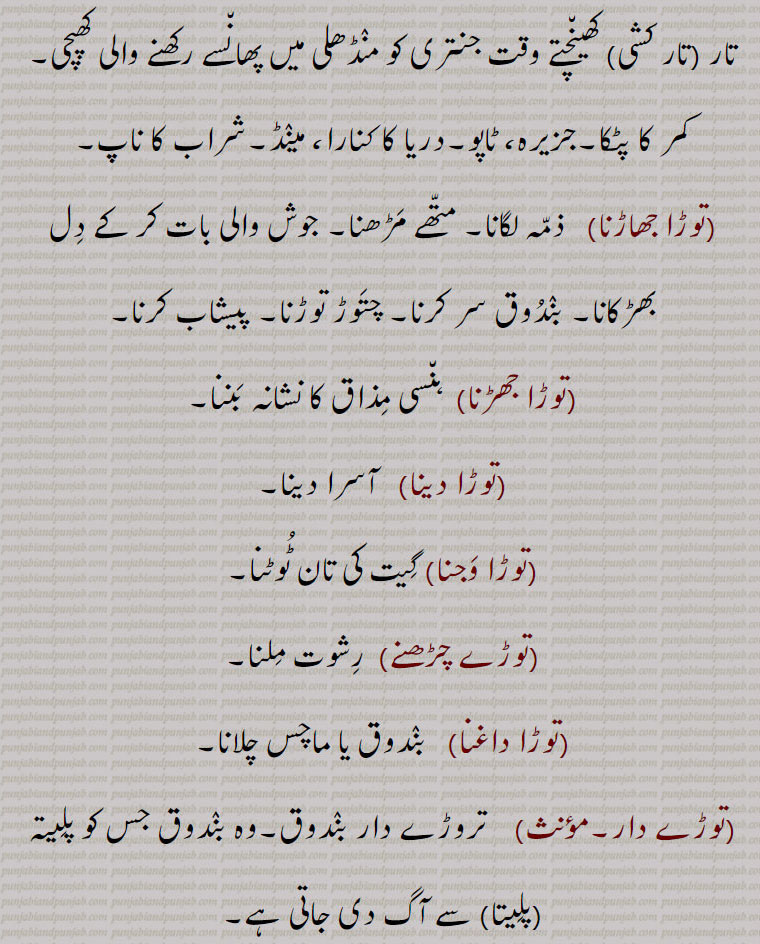  سر کا ایک زیور۔ گلے، ہاتھ یا پاؤں کا زیور جس میں لڑیاں ہوتی ہیں، عورتوں کے علاوہ بعض  مرد بھی گلے میں پہنتے ہیں۔زیور کی ایک قسم,   سنار کی چھوٹی سی ہتھوڑی,