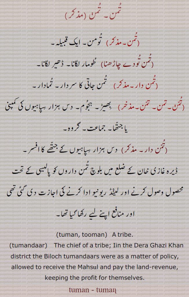  تمن, تومن۔ ایک قبیلہ,تمن تودے چاڑھنا,  طومار لگانا۔ ڈھیر لگانا,تمن دار,  تمن جاتی کا سردار۔ تمادار۔
, تمن,   بھیڑ۔ ہجوم۔ دس ہزار سپاہیوں کی کمپنی یا جتھا۔ جماعت۔ گروہ۔,تمن دار,دس ہزار سپاہیوں کے جتھے کا افسر۔
ڈیرہ غازی خان کے ضلع میں بلوچ تمن داروں کو پالیسی کے تحت محصول وصول کرنے اور لینڈ ریونیو ادا کرنے کی اجازت دی گئی تھی اور منافع اپنے لیے رکھا گیا تھا۔
,tuman, tooman),  A tribe.,tumandaar,    The chief of a tribe; Iin the Dera Ghazi Khan district the Biloch tumandaars were as a matter of policy, allowed to receive the Mahsul and pay the land-revenue, keeping the profit for themselves.
 تمن , tuman,ਤੁਮਨ ,ਤੂਮਨ,  تُمن, تودے چاڑھنا,  تمن دار, 
