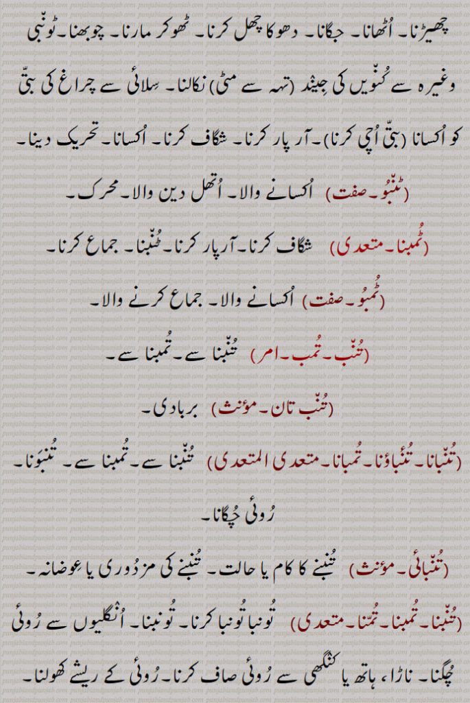  چھیڑنا۔ اٹھانا۔ جگانا۔ دھوکا چھل کرنا۔ ٹھوکر مارنا۔ چوبھنا۔ٹونبی وغیرہ سے کنویں کی جیند   نکالنا۔ سلائی سے چراغ کی بتی کو اکسانا ,آر پار کرنا۔ شگاف کرنا۔ اکسانا۔تحریک دینا,ٹنبو,  اکسانے والا۔ اتھل دین والا۔محرک,ٹمبنا,   شگاف کرنا۔آرپار کرنا۔ٹنبنا۔ جماع کرنا,ٹمبو, اکسانے والا۔ جماع کرنے والا,تنب۔تمب, تنبنا سے۔تمبنا سے,تنب تان, بربادی,تنبانا۔تنٔباؤنا۔تمبانا,تنبنا سے۔تمبنا سے۔ تنبونا۔روئی چگانا,تنبائی,  تنبنے کا کام یا حالت۔ تنبنے کی مزدوری یا عوضانہ,تنبنا۔تمبنا۔تمنا,  تونبا تونبا کرنا۔ تونبنا۔ انگلیوں سے روئی چگنا۔ ناڑا، ہاتھ یا کنگھی سے روئی صاف کرنا۔روئی کے ریشے کھولنا۔ بکوٹنا۔ اون کو تونبے کے ذریعہ صاف اور پولی کر کے کاتنے کے لائق بنانا۔ سوئی وغیرہ نوکدار چیز چوبھنا۔ ڈیہمو کا ڈنک مارنا۔ نوچنا۔ خوب مارنا۔پرانی روئی کو دوبارہ چننا۔ بار بار بھڑوں سے کاٹا جانا,تنبوڽا۔تمنوانا,  تنبانا۔تمبانا۔ کسی سے تنبنے کا کام کرانا,تنبیجنا۔تمبیجنا, تونبا جانا۔ مار کھانا,تنب, تونبا سے مخفف۔ تونبا۔ کدو۔ ال۔