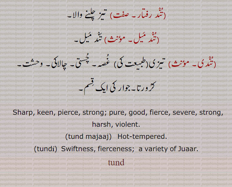 Sharp, keen, pierce, strong; pure, good, fierce, severe, strong, harsh, violent.,tund majaaj,   Hot-tempered.,tundi, Swiftness, fierceness;  a variety of Juaar.,,
, تند مزاج,تند مزاجی,تند رفتار,تند میل,تند میل ,tund,tundi,ਤੁੰਦ,ਤੁੰਦੀ, tund majaaj, 