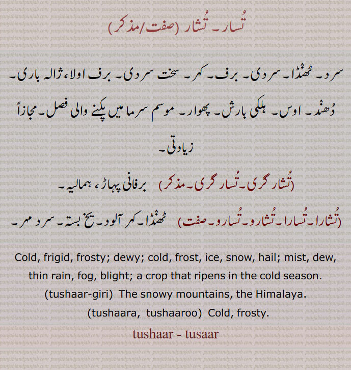 
تسار۔ تشار ,سرد۔ ٹھنڈا۔سردی۔ برف۔ کہر۔ سخت سردی۔ برف اولا،ژالہ باری۔ دھند۔ اوس۔ ہلکی بارش۔ پھوار۔ موسم سرما میں پکنے والی فصل,تشار گری۔تسار گری,   برفانی پہاڑ، ہمالیہ,تشارا۔تسارا۔تشارو۔تسارو۔, ٹھنڈا۔کہر آلود۔یخ بستہ۔سرد مہر۔
Cold, frigid, frosty; dewy; cold, frost, ice, snow, hail; mist, dew, thin rain, fog, blight; a crop that ripens in the cold season.,tushaar-giri,  The snowy mountains, the Himalaya.,tushaara,  tushaaroo, Cold, frosty.
tushar - tusar,  تشار گری,تسار گری,تشارا,تسارا,تشارو,تسارو, tushaar-giri,tushaara,  tushaaroo,, تشار,تسار,tushaar , tusaar, ਤੁਸਾਰ, ਤੁਸ਼ਾਰ,