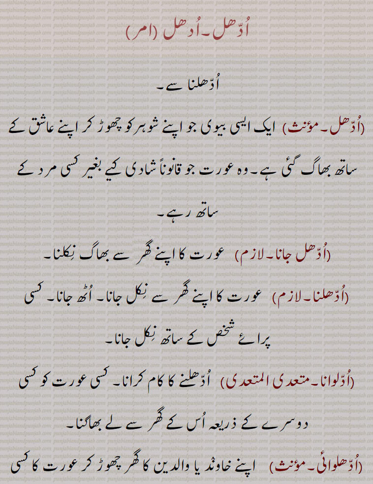 
اُدھل۔ادھل ,  ایک ایسی بیوی جو اپنے شوہرکو چھوڑ کر اپنے عاشق کے ساتھ بھاگ گئی ہے۔وہ عورت جو قانوناً شادی کیے بغیر کسی مرد کے ساتھ رہے,ادھل جانا,ادھلنا,عورت کا اپنے گھر سے نکل جانا,ادلوانا,,   ادھلنے کا کام کرانا,ادھلوائی,
