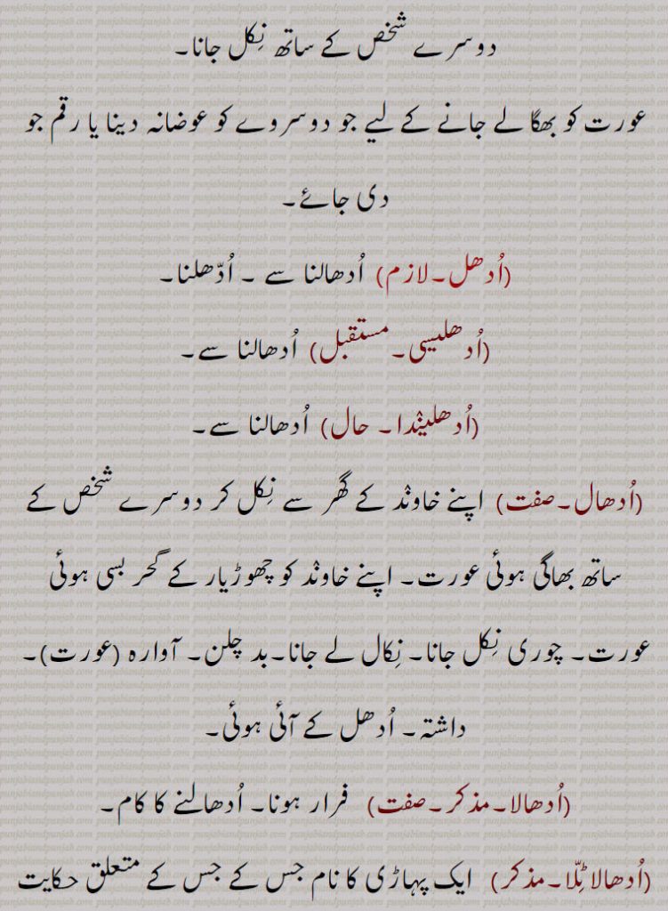 ,   ادھلنے کا کام کرانا,ادھلوائی,ادھلیسی,ادھلیندا,ادھال,بد چلن, آوارہ  عورت,ادھالا, فرار ہونا,ادھالا ٹلا, 