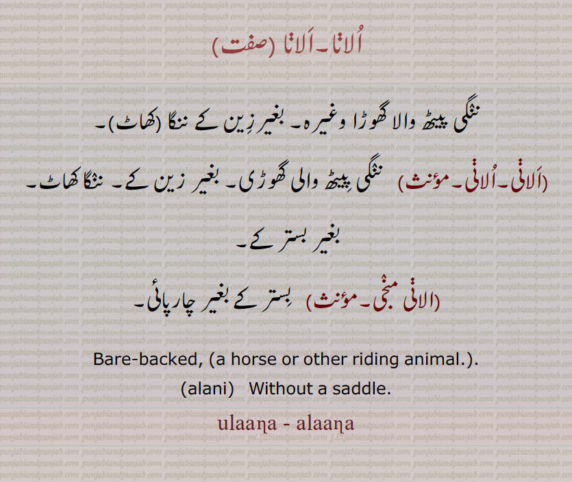 الانا, ننگی پیٹھ والا گھوڑا وغیرہ۔ بغیرزین کے ننگا ,الانی, ننگا کھاٹ, بغیر بستر کے,الانی منجی,
Bare-backed, ,,alani, Without a saddle.
ulana , alana, الانا,الانی  ,الانی منجی,ulaana,alaana , ਉਲਾਣਾ 