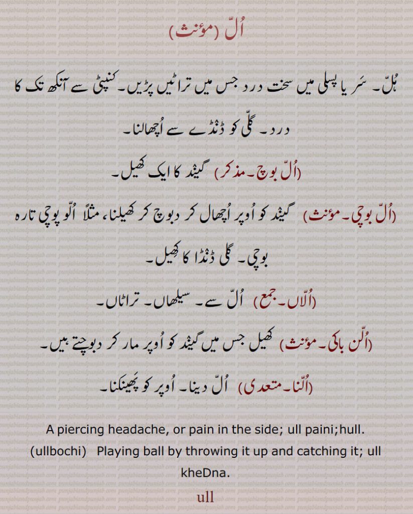 
ہُل۔ ال بوچ۔ ال بوچی۔ الاں۔ الن باکی۔ النا۔ ال دینا۔ سیلھاں۔ تراٹاں۔ سر یا پسلی کا سخت درد۔ کنپٹی سے آنکھ تک درد۔ الو پوچی تارہ بوچی، گلی ڈنڈا کا کھیل۔ گیند کا کھیل۔
piercing headache, ull paini, hull, ullbochi,  اُل , ال ,ull,ਉੱਲ