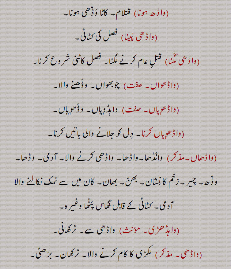 
واڈھی پینا, فصل کی کٹائی,واڈھی لگنا,واڈھواں, وڈھنے والا,واڈھویاں,واہڈویاں۔ وڈھویاں,واڈھاں, وانڈھا۔واڈھا۔ واڈھی کرنے والا, وڈھا۔ وڈھ۔ چیر۔زخم کا نشان۔ بھن۔ بھان,واہڈھڑی,واڈھی سے۔ ترکھانی,واڈھی,لکڑی کا کام کرنے والا۔ ترکھان۔ بڑھئی,واڈھی, وڈھی۔ رشوت۔